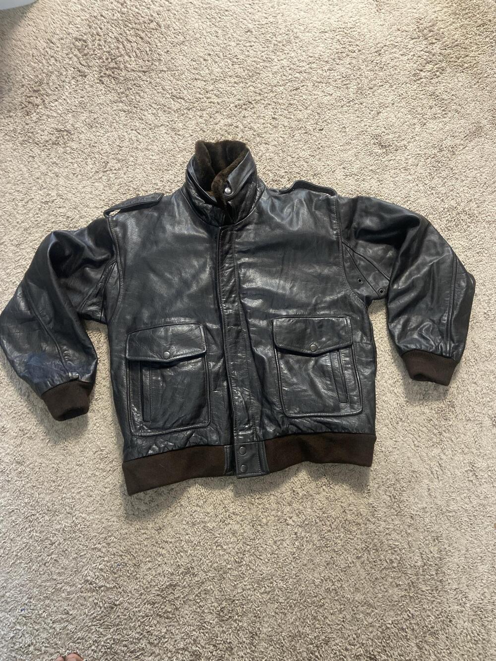 Leather Jacket Mens Large Black Bomber Full Zip Removable Fur Liner Winter